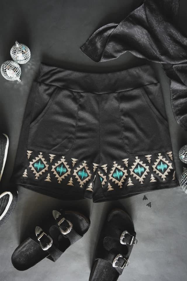 Turquoise / Black Aztec shorts *rts